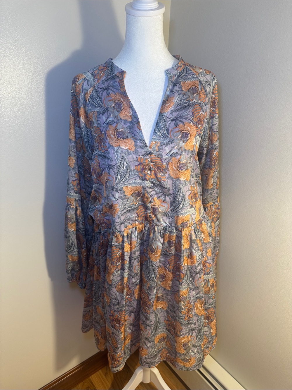 NSR Long Sleeve Floral Tiered Dress in Gray and Orange